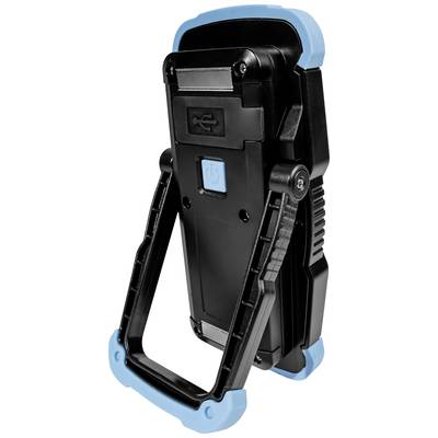 Schwarze tragbare LED-Arbeitsleuchte mit blauen Akzenten, zusammenklappbarer Griff und USB-Anschluss an der Rückseite.