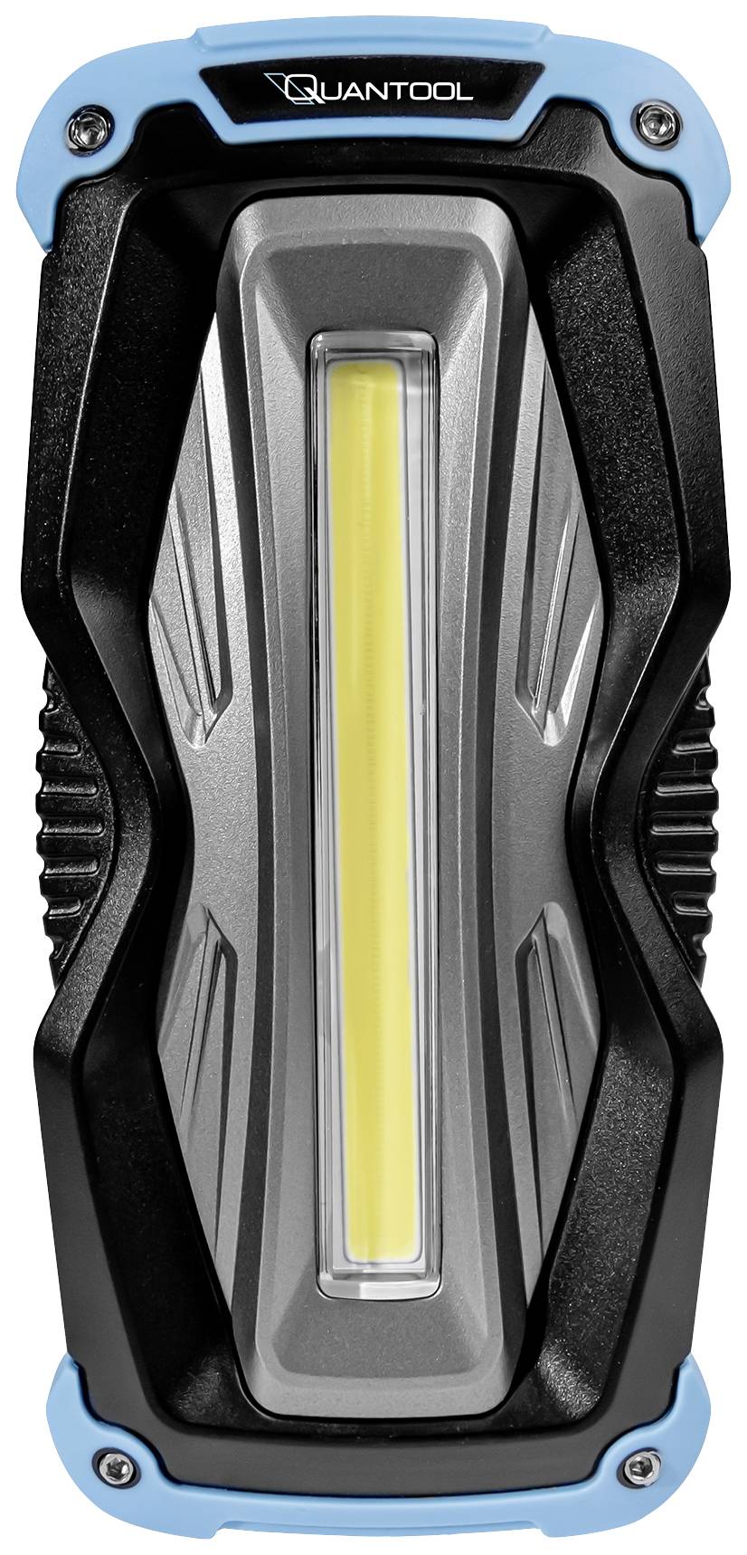 Tragbare LED-Arbeitsleuchte mit blauem und schwarzem Gehäuse, vertikalem Lichtstreifen in der Mitte, geeignet für Werkstätten und Outdoor.