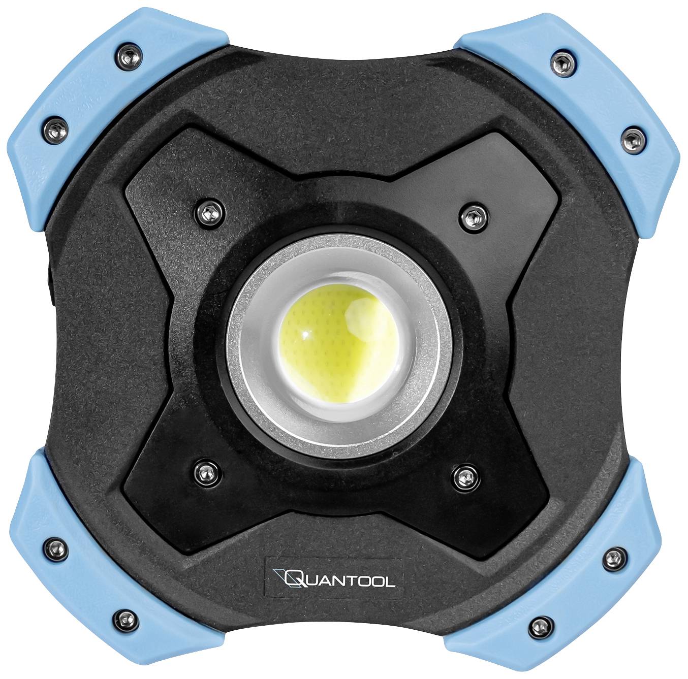 Lichtquelle mit robustem Gehäuse, hält blau markierte Eckenschutz.