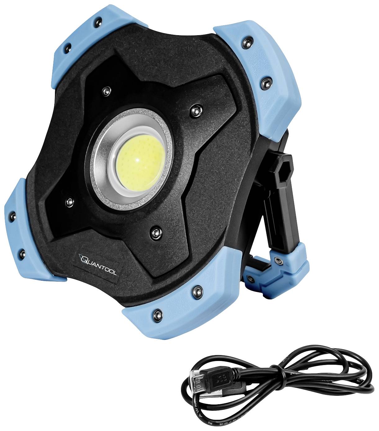 Tragbare schwarze und blaue LED-Arbeitsleuchte mit kreisförmigem Licht im Zentrum und mitgeliefertem USB-Kabel.