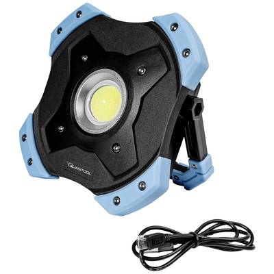 Tragbare schwarze und blaue LED-Arbeitsleuchte mit kreisförmigem Licht im Zentrum und mitgeliefertem USB-Kabel.