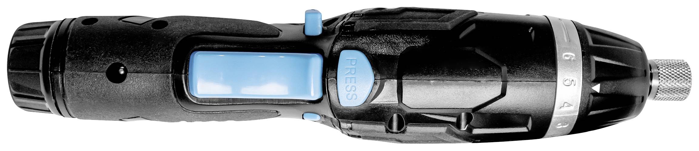 Ein elektrischer Schraubendreher mit schwarzem Gehäuse und blauen Akzenten. Der Griff hat eine 'Press'-Taste für Bedienung.