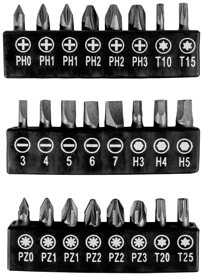 'Drei Reihen von Schraubendreherbits, jeweils für unterschiedliche Schraubentypen markiert: Kreuz-, Schlitz- und Torx-Schrauben.'