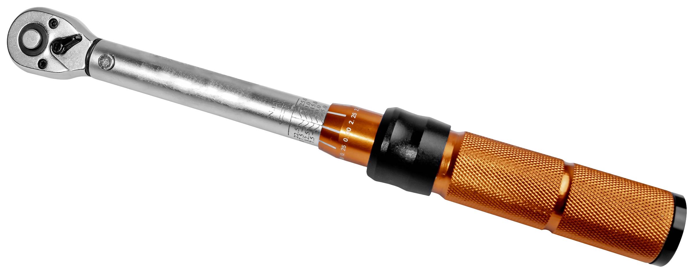 Drehmomentschlüssel mit einem metallischen Kopf und einem orangefarbenen, gerändelten Griff, zeigt eine Skala zur Drehmomenteinstellung.