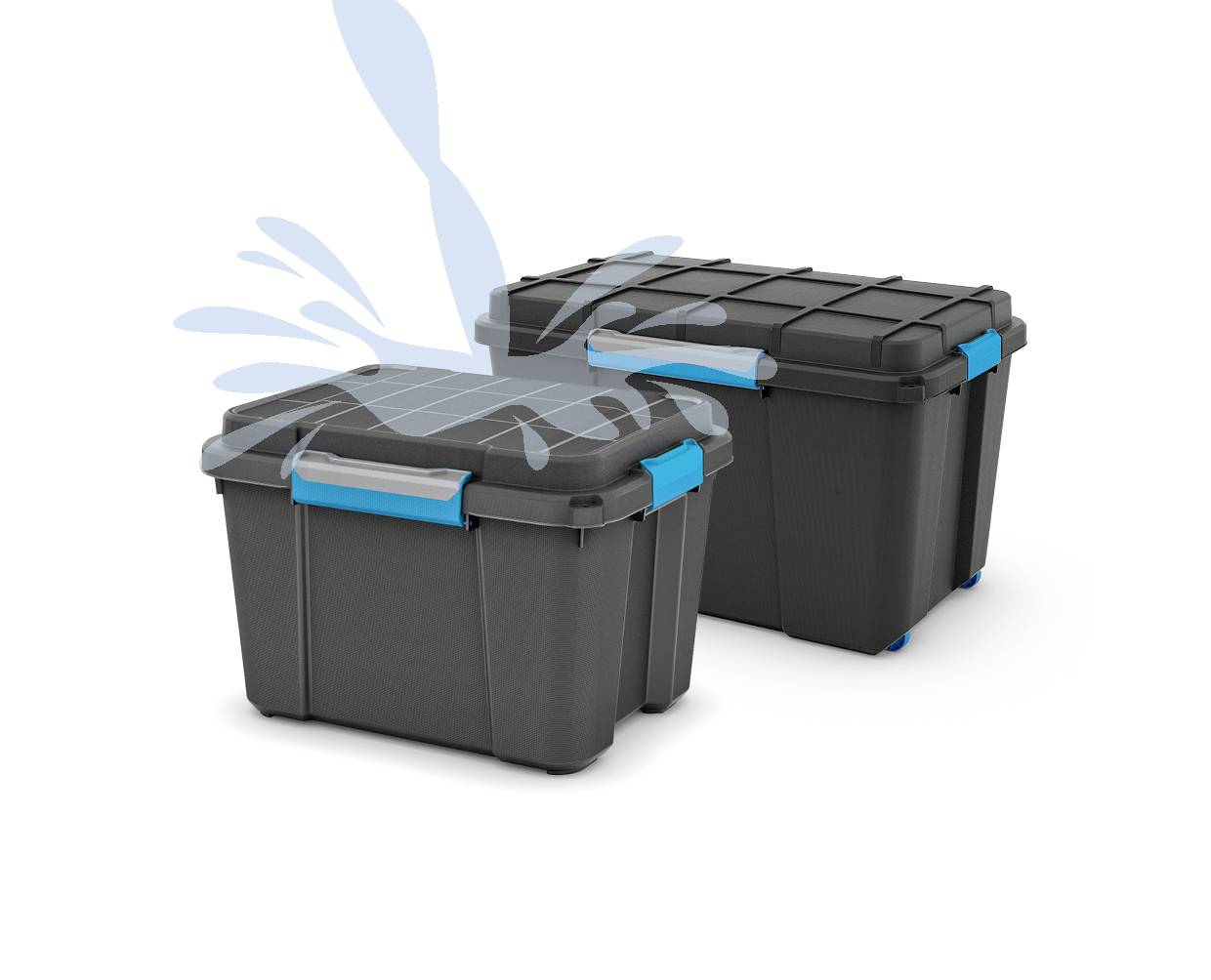 Zwei schwarze Aufbewahrungsboxen mit blauen Griffen, eine davon mit Wassertropfen, die Wasserfestigkeit zeigend.