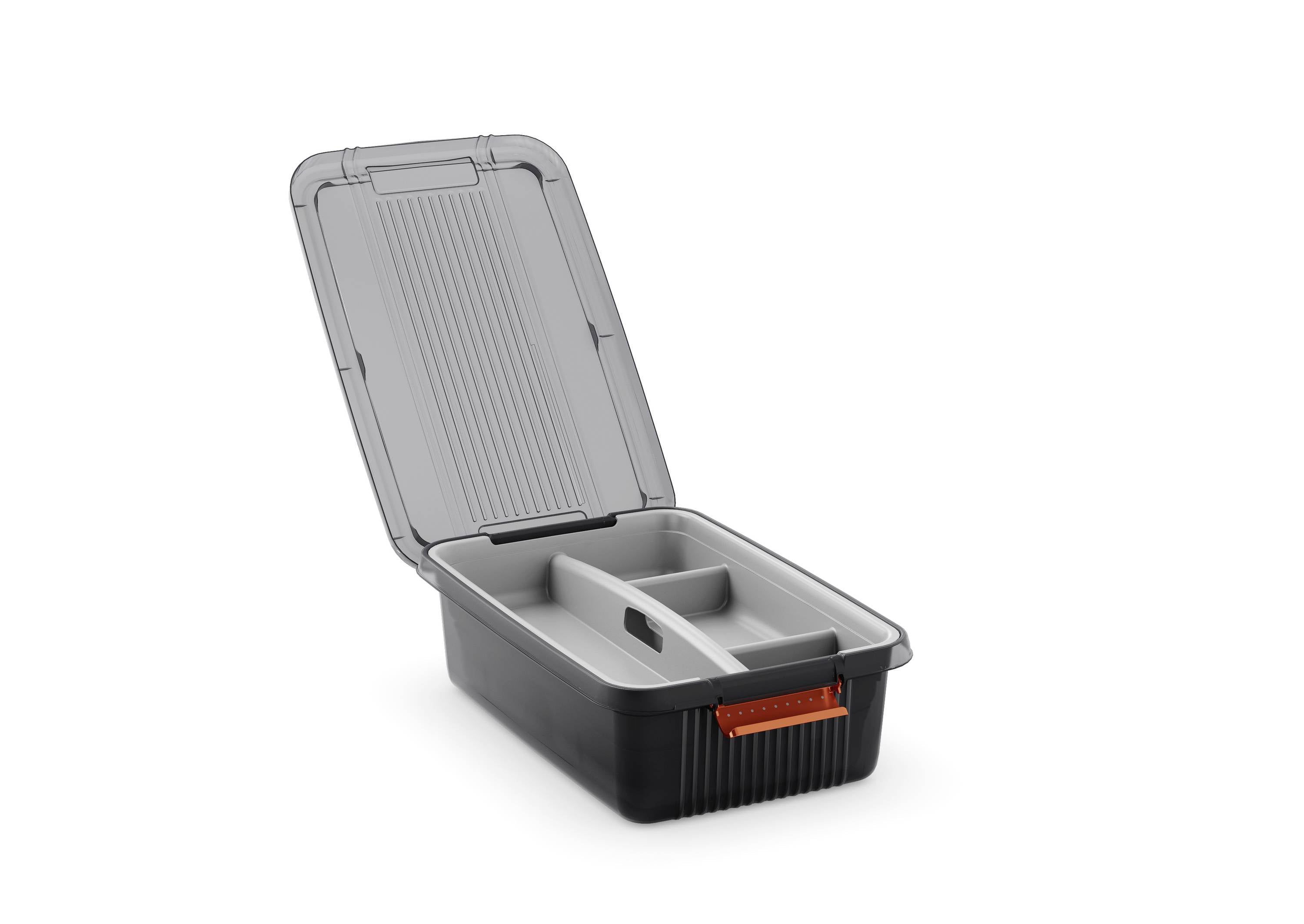 Geöffnete schwarze Aufbewahrungsbox mit grauem Einsatz und orangenem Griff, geeignet zur Organisation von Werkzeug oder Kleinteilen.