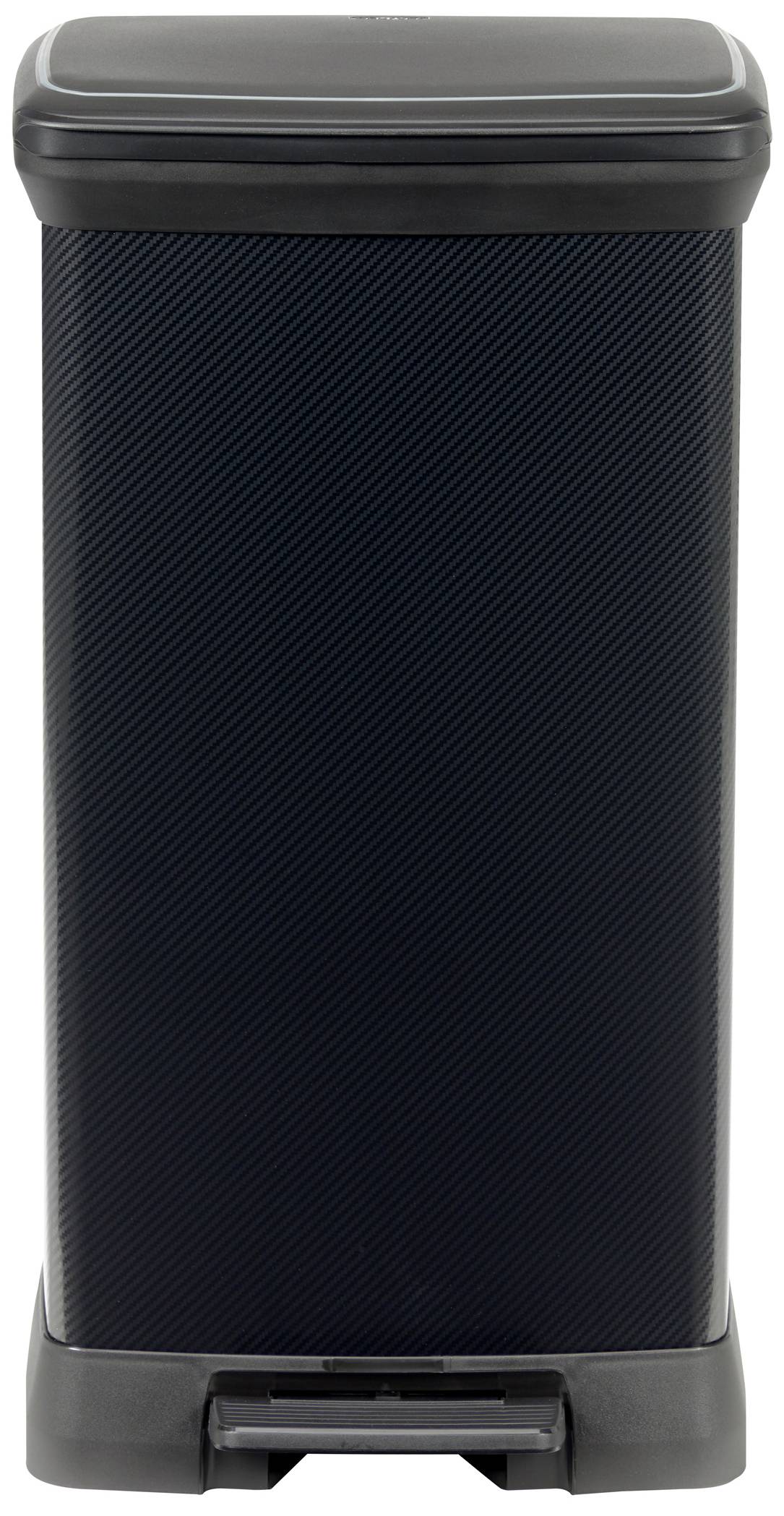 Schwarzer, rechteckiger Mülleimer, geschlossen, auf neutralem Hintergrund.