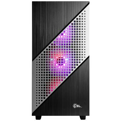 Ein moderner Computer-Tower mit Metalloberfläche und diagonaler Gitteroptik. Farbige Beleuchtung ist sichtbar hinter dem Gitter.