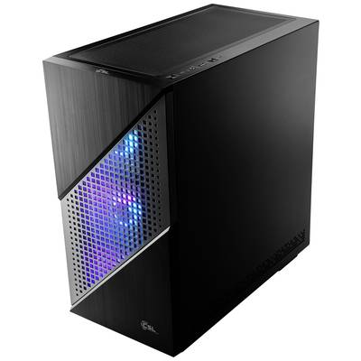 Ein schwarzes Computergehäuse mit beleuchtetem Innenraum in Blau und Violett. Das Gehäuse hat eine gitterartige Frontblende.