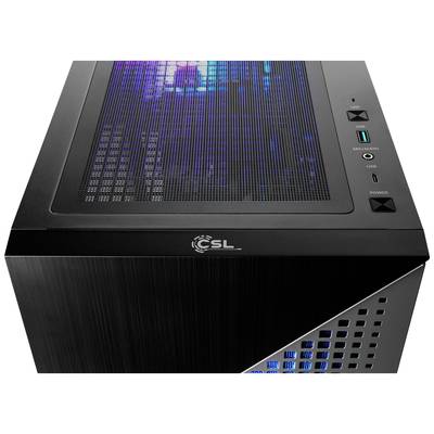 Computergehäuse in Schwarz mit Lüftungsschlitzen und seitlichem Logo. Oben USB-Anschlüsse und Steuerknöpfe.