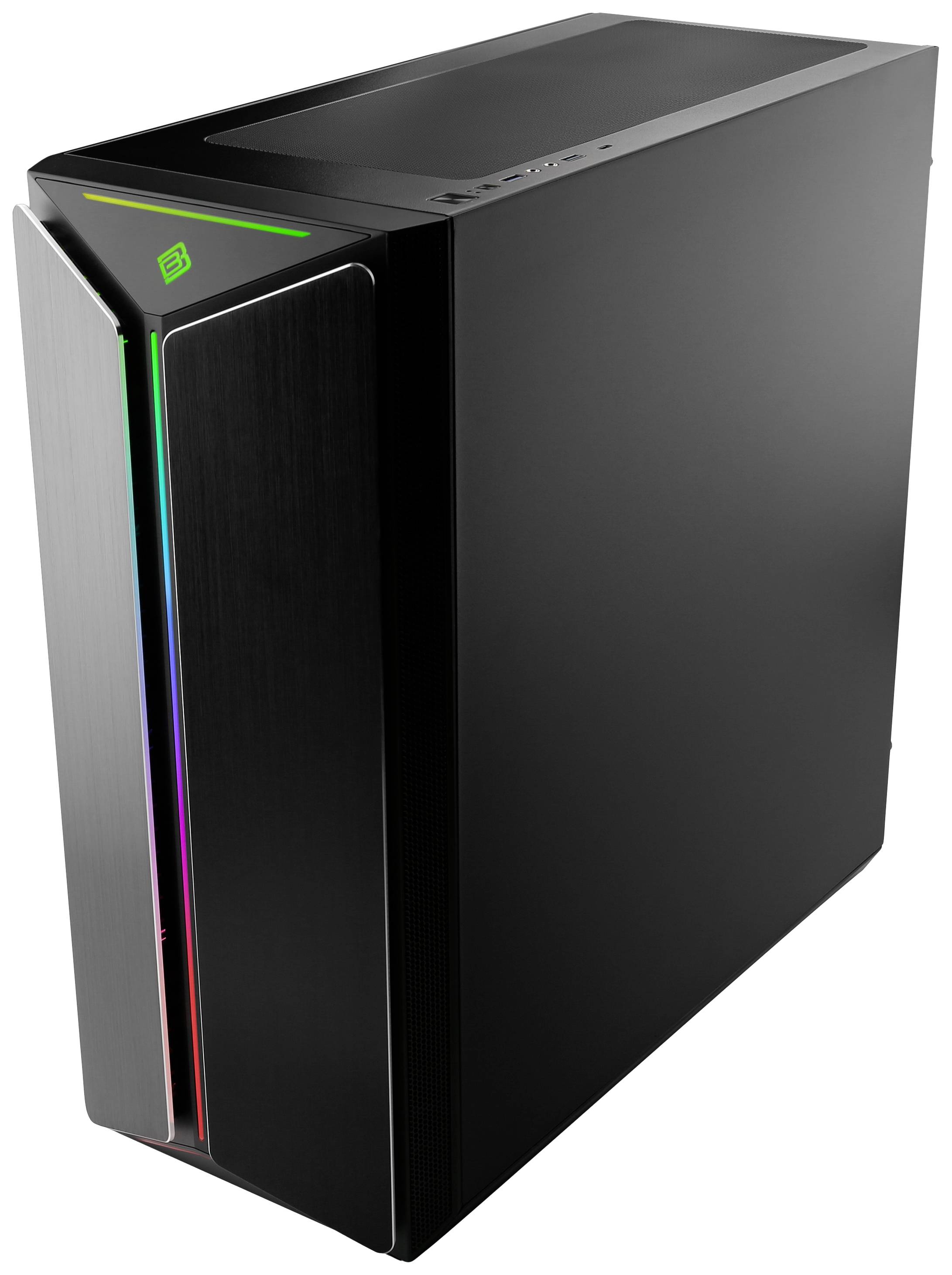 Ein schwarzer Computergehäuse-Tower mit RGB-LED-Streifen auf der Vorderseite, ohne sichtbare Marken- oder Modellkennzeichnung.