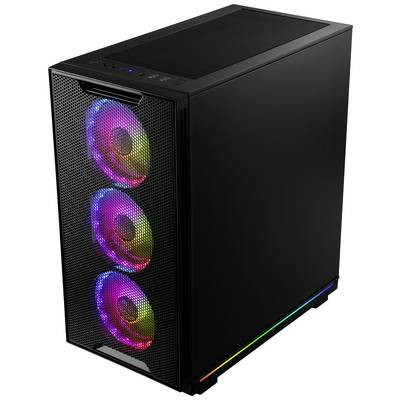 Ein schwarzes Computergehäuse mit drei leuchtenden RGB-Lüftern an der Vorderseite, die in verschiedenen Farben erstrahlen.