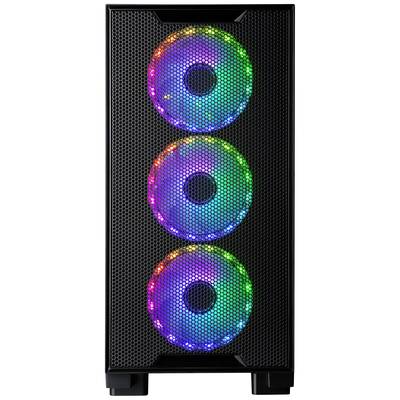Ein Computergehäuse mit drei sichtbaren Lüftern, die in Regenbogenfarben beleuchtet sind.