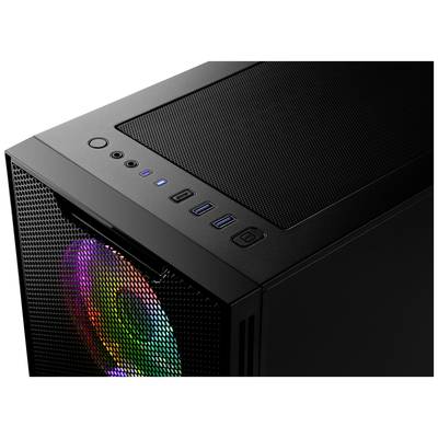 Schwarzes Computergehäuse mit sichtbar beleuchtetem Lüfter in Regenbogenfarben und USB-Anschlüssen oben.