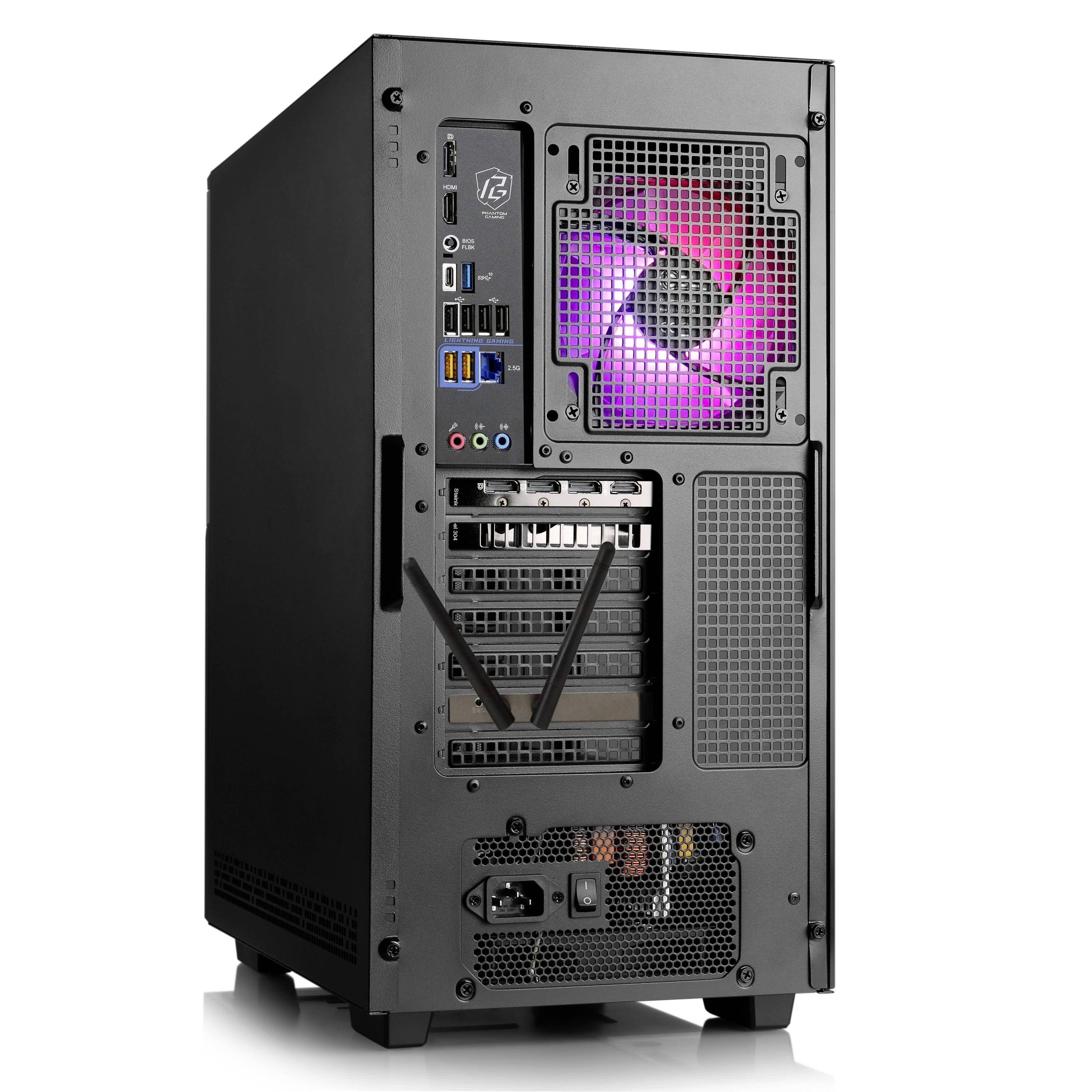 Ein Desktop-Computer mit sichtbarem Lüfter auf der Rückseite, USB-Anschlüsse und Stromanschluss unten. Gehäuse zeigt interne Hardware.