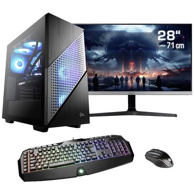 Ein Computer-Setup mit beleuchtetem PC-Gehäuse, großem Monitor, beleuchteter Tastatur und einer Maus. Auf dem Monitor ist ein futuristisches Bild zu sehen.