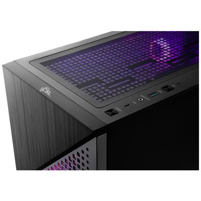 Schwarzes Computergehäuse mit beleuchtetem Lüftergitter oben. Anschlüsse und Bedienelemente an der Vorderseite für einfache Erreichbarkeit.