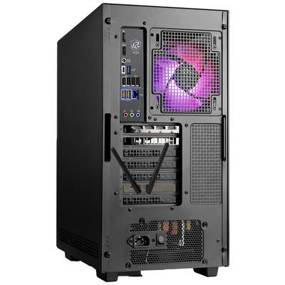 Ein geöffneter schwarzer Computergehäuserückseite mit sichtbaren Anschlüssen, Lüfter mit lilaner Beleuchtung und Antennen.
