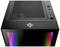 Schwarzes Computergehäuse mit beleuchteten RGB-Streifen an der Front; an der Oberseite finden sich ein Gitter, USB- und Audiobuchsen.