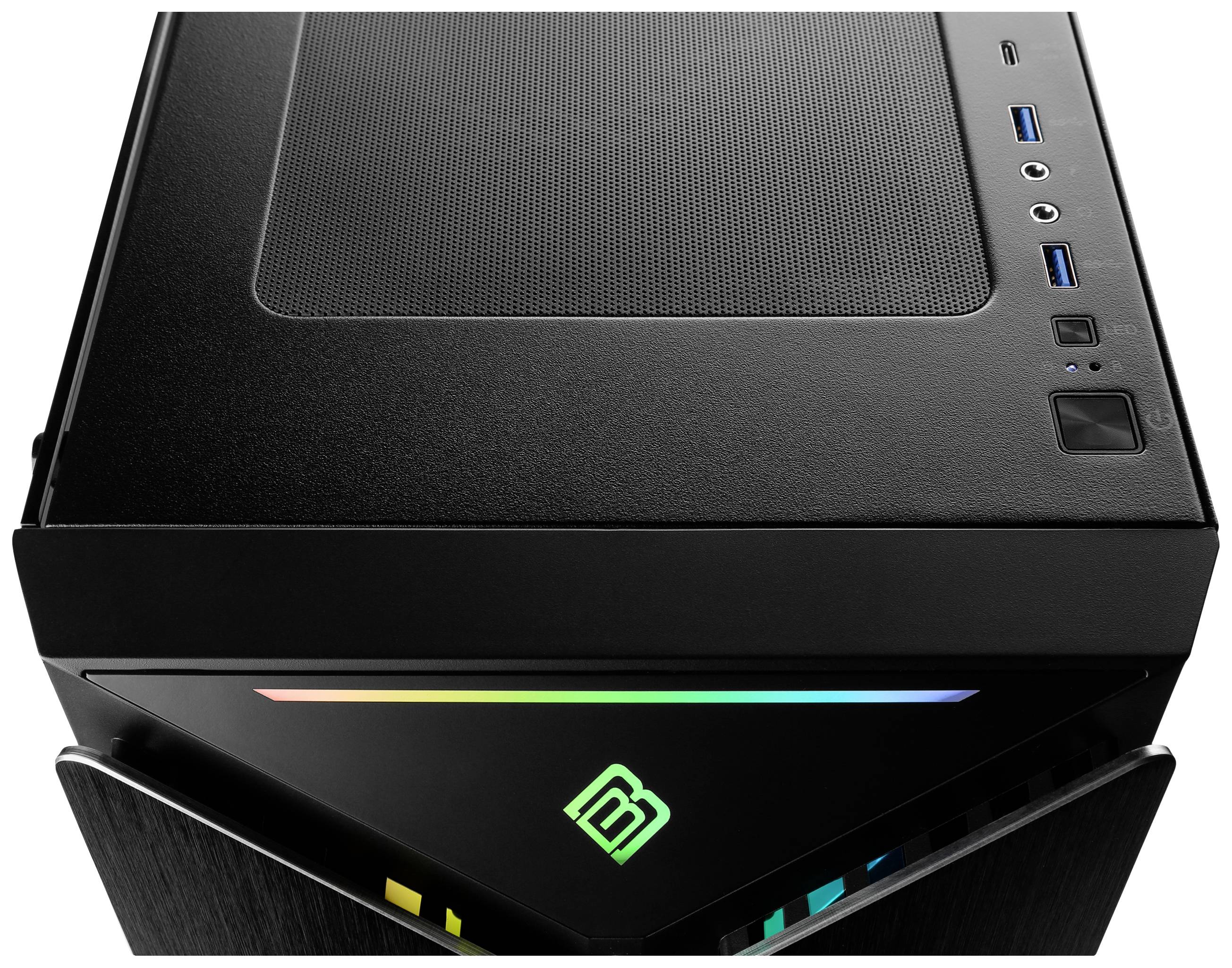 Ein moderner, schwarzer Computer-Tower mit beleuchtetem Logo und mehreren Anschlüssen an der Vorderseite.