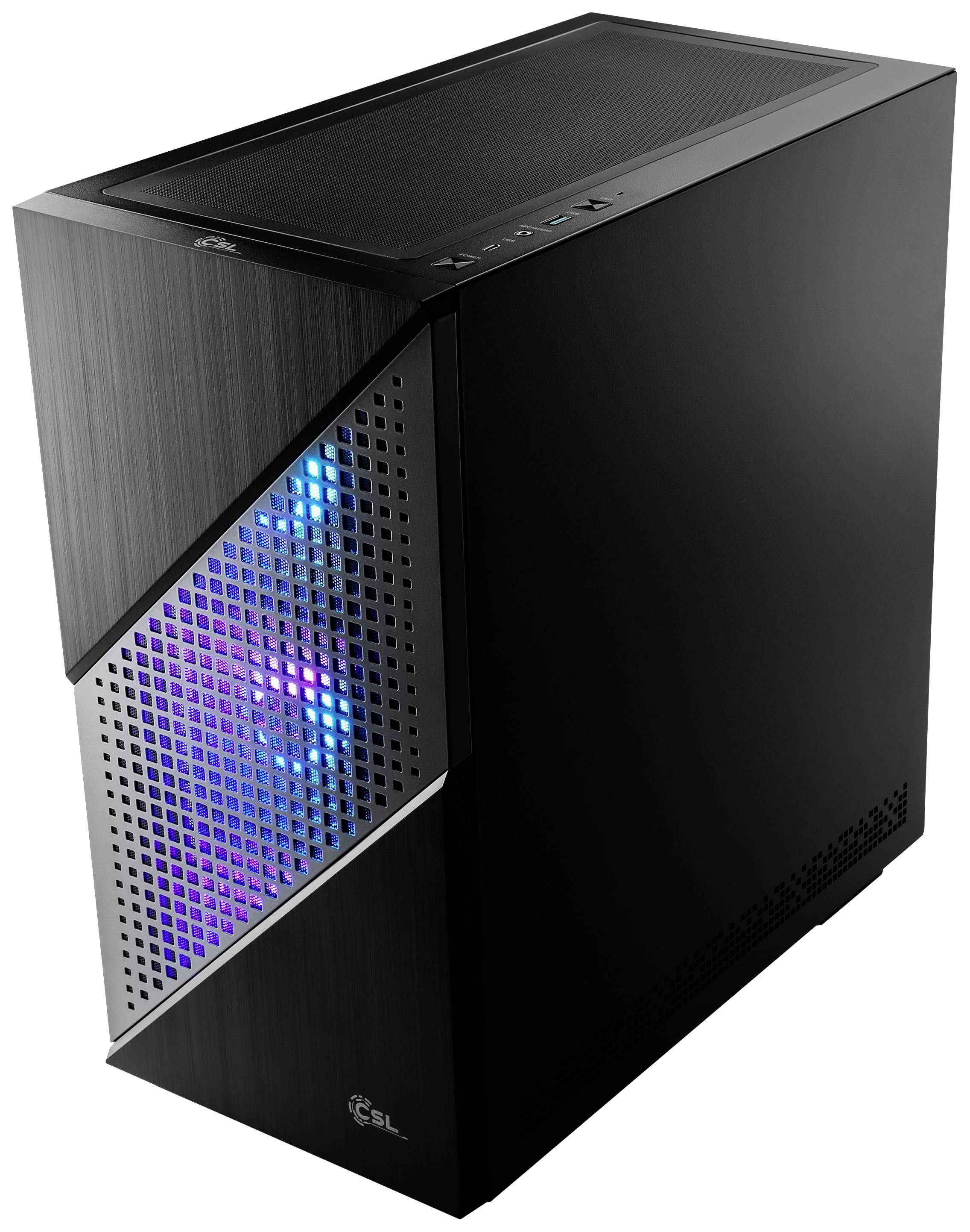 Ein schwarzes Desktop-Computergehäuse mit seitlicher Lüftungsöffnung, aus der blaues und lila Licht strahlt.