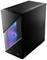 Ein schwarzes Desktop-Computergehäuse mit seitlicher Lüftungsöffnung, aus der blaues und lila Licht strahlt.