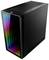 Schwarzes PC-Gehäuse mit Regenbogen-LEDs an der Vorderseite; modernes, minimalistisches Design.