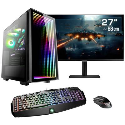 Gaming-Computer-Setup mit beleuchtetem PC-Gehäuse, Monitor mit Raumschiff-Szene, RGB-Tastatur und Maus.