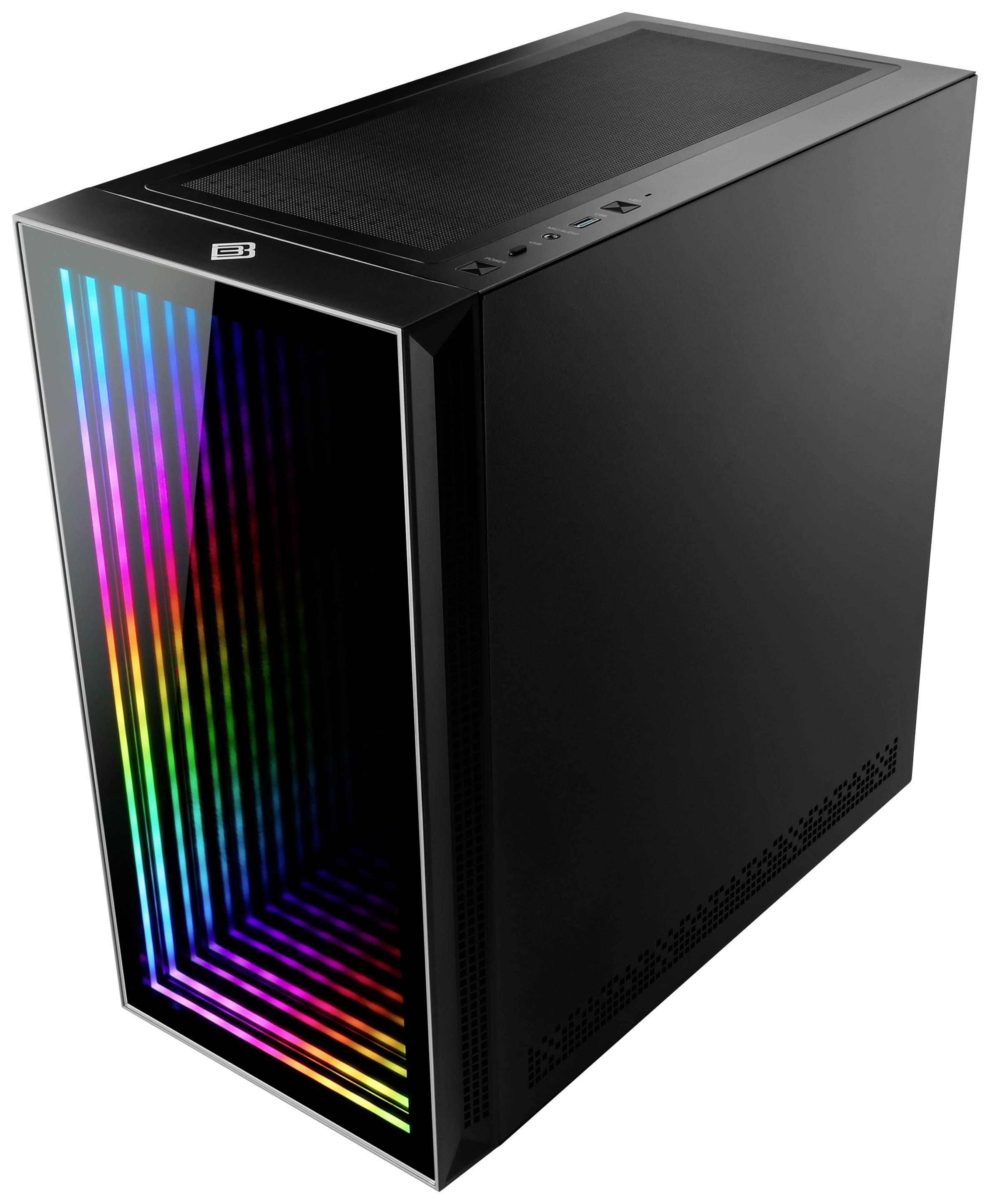Schwarzes Computergehäuse mit leuchtenden, mehrfarbigen LED-Streifen vorne. Modernes Design, geeignet für Gaming oder Büro.