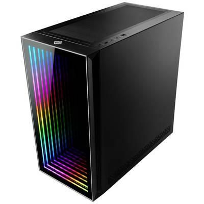 Schwarzes Computergehäuse mit leuchtenden, mehrfarbigen LED-Streifen vorne. Modernes Design, geeignet für Gaming oder Büro.