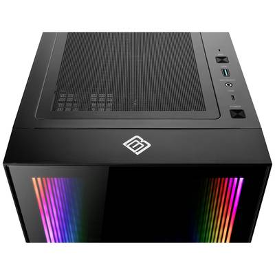 Schwarzes Computergehäuse mit Regenbogen-LEDs an der Front, zwei USB-Anschlüsse und ein runder Knopf oben.