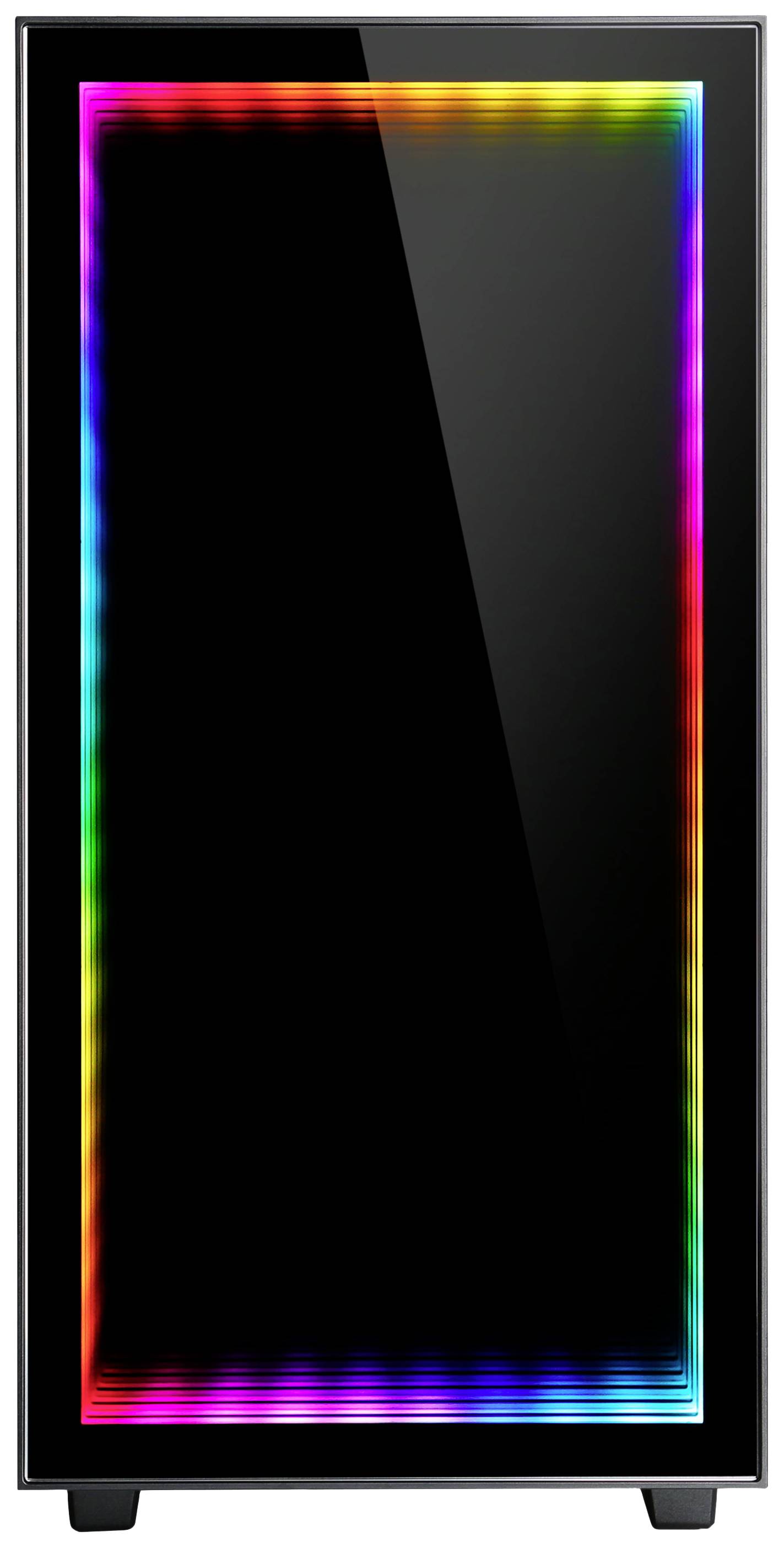 Schwarzes Computergehäuse mit RGB-Beleuchtung entlang der Ränder der Frontseite.