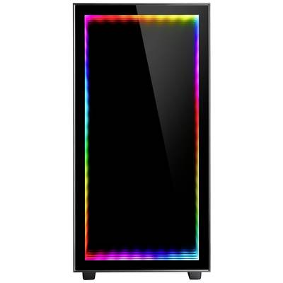 Schwarzes Computergehäuse mit RGB-Beleuchtung entlang der Ränder der Frontseite.