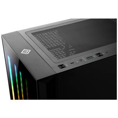 Der obere Teil eines Computergehäuses mit Mesh-Oberfläche, USB-Anschlüssen, Kopfhörerbuchse und farbiger LED-Beleuchtung an der Seite.
