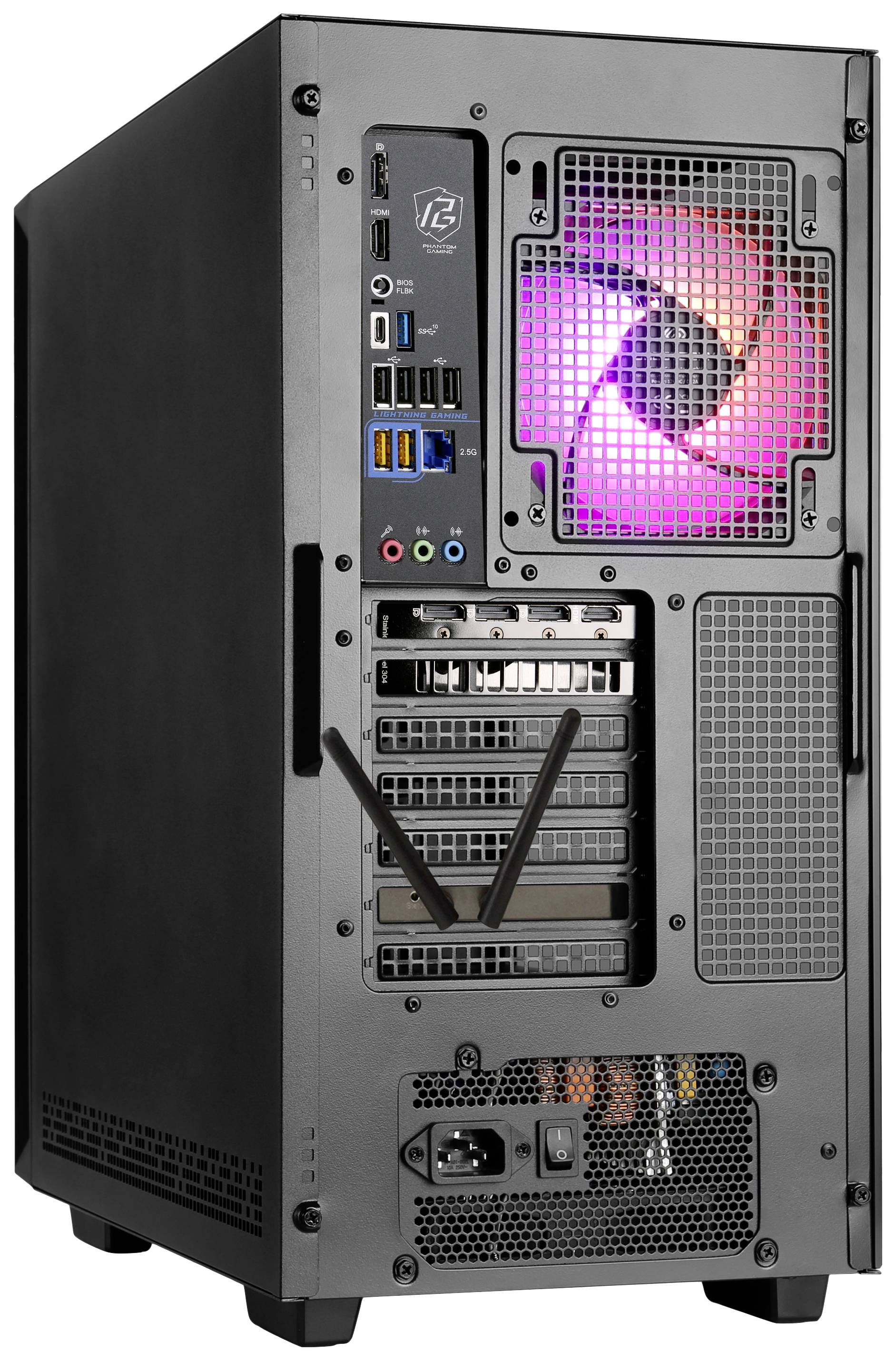 Rückseite eines Desktop-PCs mit beleuchtetem Lüfter und mehreren Anschlussmöglichkeiten für USB, HDMI, Audio und weitere Hardware.