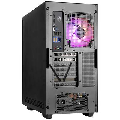 Rückseite eines Desktop-PCs mit beleuchtetem Lüfter und mehreren Anschlussmöglichkeiten für USB, HDMI, Audio und weitere Hardware.