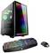 Ein Gaming-PC mit Regenbogen-LEDs, eine Tastatur mit farbigen Leuchttasten und eine kabellose Maus.