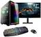 Gaming-PC-Setup mit beleuchtetem Desktop-PC, 27 Zoll Monitor mit Sci-Fi-Motiv, RGB-Tastatur und drahtloser Maus.