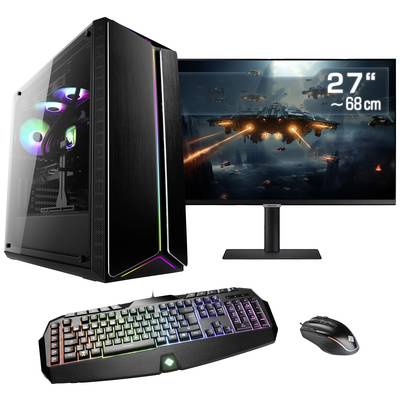 Gaming-PC-Setup mit beleuchtetem PC-Gehäuse, Monitor, Tastatur und Maus. Auf dem Bildschirm ist ein Weltraumspiel zu sehen.