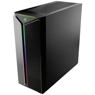 Schwarzes Desktop-Gehäuse mit vertikalen LED-Leuchten an der Vorderseite. Oberseite mit USB-Anschlüssen sichtbar.