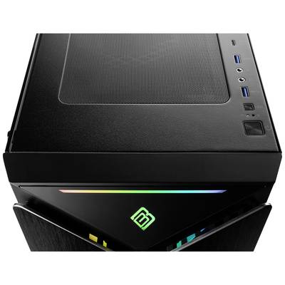 Schwarzer Computergehäuse mit leuchtendem Logo und LED-Streifen oben, seitlichen Anschlüssen für USB, Kopfhörer und Mikrofon.