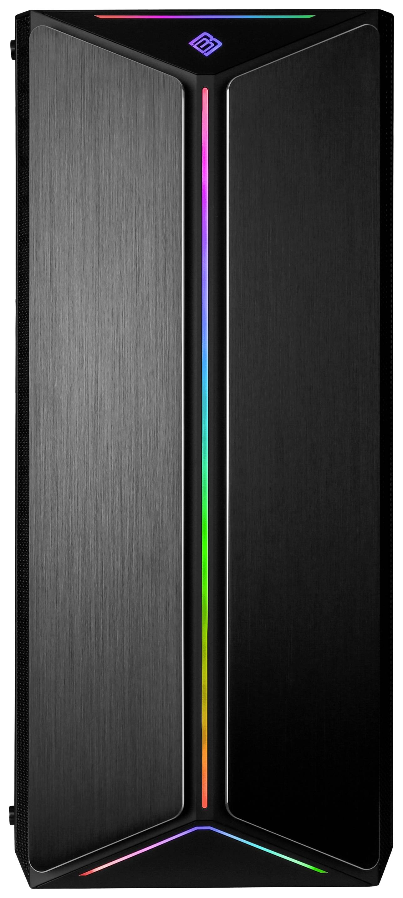 Ein schwarzes Computergehäuse mit vertikalem RGB-Lichtstreifen und einem leuchtenden Symbol oben. Minimalistisches Design.