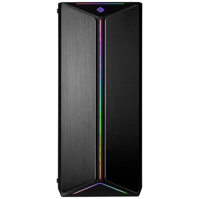 Ein schwarzes Computergehäuse mit vertikalem RGB-Lichtstreifen und einem leuchtenden Symbol oben. Minimalistisches Design.
