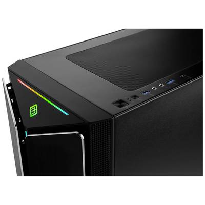 Schwarzes Computergehäuse mit angeschrägtem oberen Rand, beleuchtetem Logo und USB-Anschlüssen sowie Audioanschlüssen auf einer Seite.