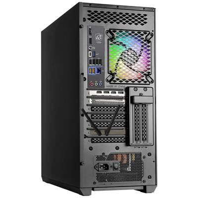 Rückansicht eines Computergehäuses mit mehreren Anschlüssen und einem beleuchteten Lüfter. Oben sind USB-Ports und Audioanschlüsse.