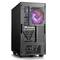 Ein schwarzes Computergehäuse von hinten, zeigt Lüftungsschlitze, Anschlüsse und ein beleuchteter Ventilator in Violett.