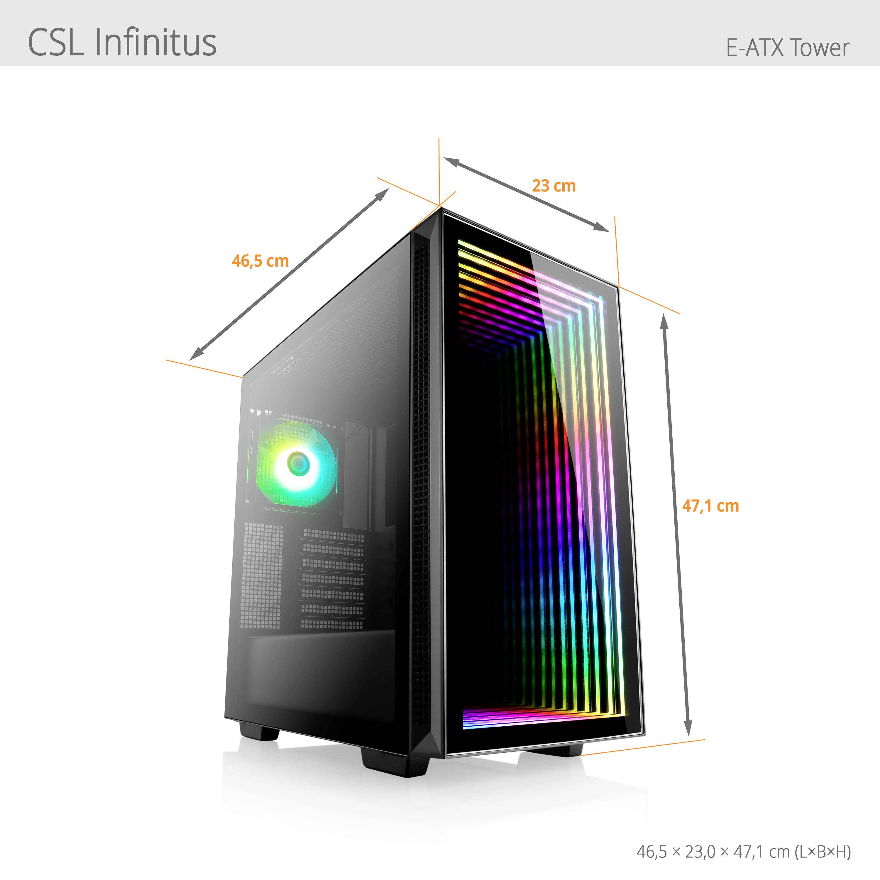 Schwarzes E-ATX-Tower-PC-Gehäuse mit RGB-Frontseite und Lüfter. Maße: 46,5 x 23 x 47,1 cm (L×B×H), Markenname oben.