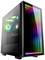 Ein moderner Computergehäuse mit RGB-Beleuchtung, zeigt helle bunte Lichter an der Front und beleuchtete Lüfter im Inneren.