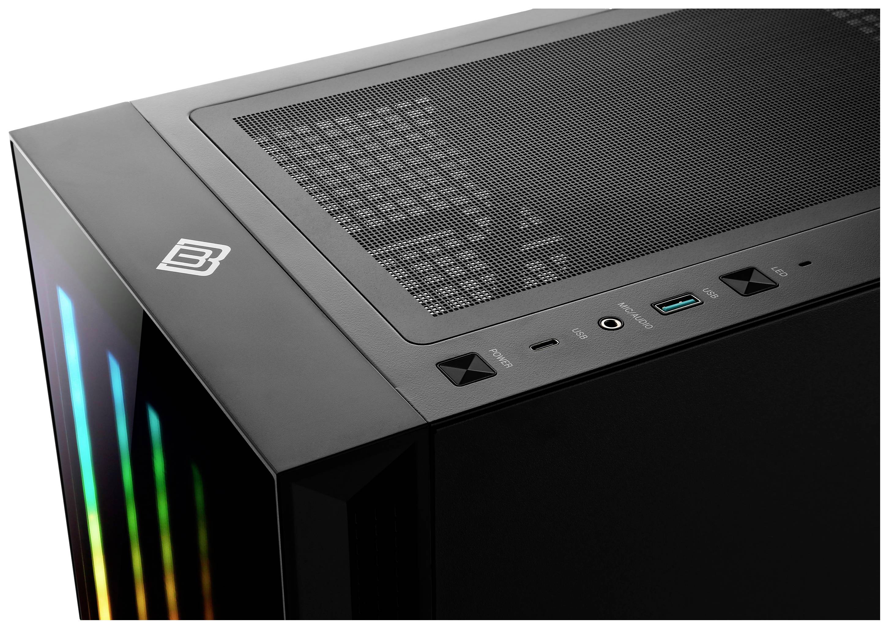Ein schwarzes Computergehäuse mit RGB-Beleuchtung und mehreren Anschlüssen oben, darunter USB- und Audioanschlüsse.