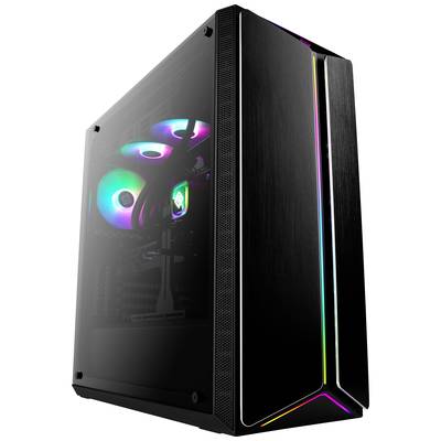 Ein Computergehäuse mit transparentem Seitenteil zeigt bunte LED-Beleuchtung im Inneren und hat ein elegantes schwarzes Design.